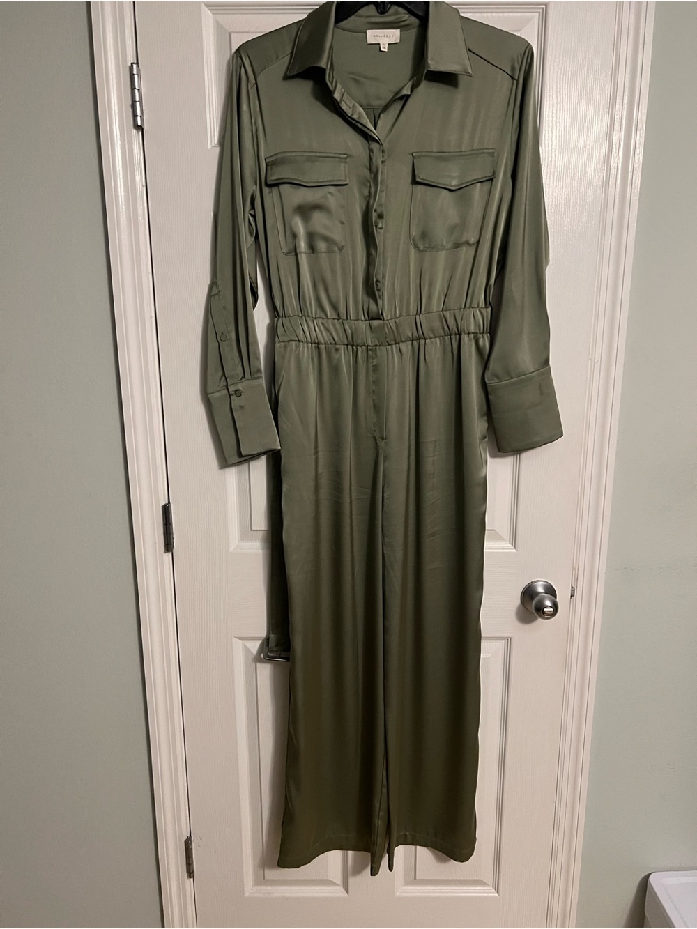 MELLODAY Olive Utility Satin-Feel Button Front Jumpsuit